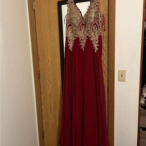 Burgundy and Gold Embellished Prom Dress